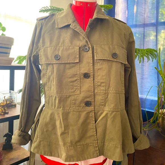 J. Crew army green denim cropped peplum jacket with tie waist, button-down - Picture 4 of 11
